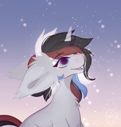 Size: 972x1022 | Tagged: safe, derpibooru import, oc, unofficial characters only, fluffy pony, pony, unicorn, blushing, bust, cute, dawn, fluffy, fur, gray, halfbody, image, png, portrait, sky, smiling, snow, snowfall, snowflake, solo, sunset, winter