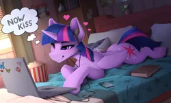 Size: 2530x1515 | Tagged: safe, artist:yakovlev-vad, derpibooru import, twilight sparkle, twilight sparkle (alicorn), alicorn, pony, shark, bed, bedroom, bedroom eyes, blanket, book, colored, computer, cute, earbuds, female, folded wings, food, heart, image, laptop computer, lying down, mare, now kiss, on bed, pillow, plushie, png, popcorn, prone, shark plushie, shipper on deck, slim, smiling, smirk, solo, thought bubble, twiabetes, wings