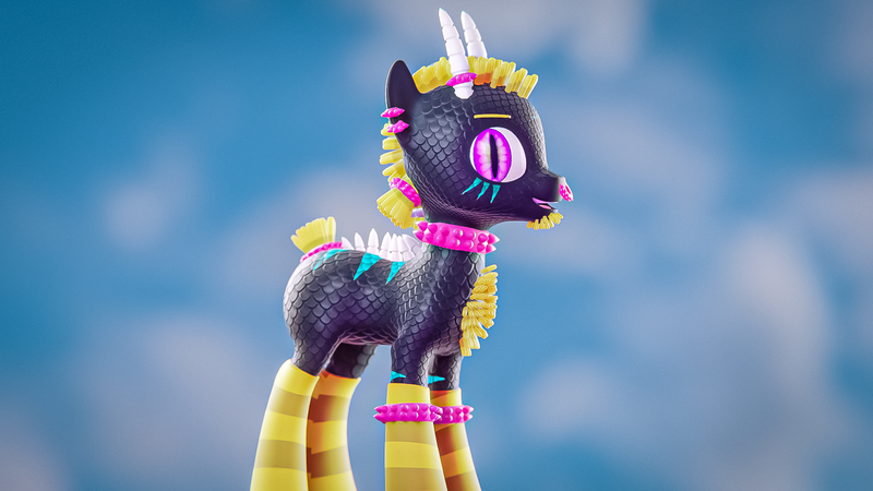 Size: 1920x1080 | Tagged: safe, artist:spectrum27, derpibooru import, oc, oc:electrum, unofficial characters only, dragon, goat, hybrid, original species, pony, 3d, blender, bodypaint, chest fluff, clothes, collar, dreadlocks, facial hair, fluffy, goatee, horn, horns, image, looking at you, male, neon, piercing, pigtails, png, scales, short tail, sky, socks, solo, spiked collar, tail