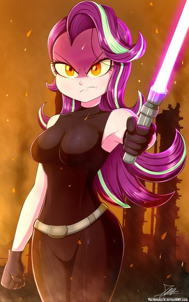 Size: 640x1020 | Tagged: safe, artist:the-butch-x, derpibooru import, starlight glimmer, human, equestria girls, 2021, armpits, bare shoulders, breasts, busty starlight glimmer, clothes, female, gloves, image, jpeg, lightsaber, looking at you, old art, sleeveless, solo, star wars, tanktop, weapon