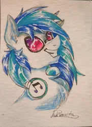 Size: 2311x3198 | Tagged: safe, artist:dankpegasista, derpibooru import, vinyl scratch, pony, unicorn, blue hair, bust, colored pencil drawing, drawing, glasses, headphones, image, jpeg, photo, portrait, solo, traditional art, vinyl's glasses