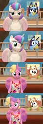 Size: 1528x4320 | Tagged: safe, artist:papadragon69, derpibooru import, princess flurry heart, princess skyla, alicorn, anthro, 3d, bingo heeler, bluey, bluey heeler, comic, comparison, faic, image, png, puffy cheeks, raised eyebrow, source filmmaker, youtube link in the description