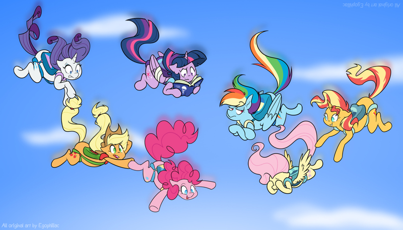 Size: 3500x2000 | Tagged: safe, artist:egophiliac, derpibooru import, applejack, fluttershy, pinkie pie, rainbow dash, rarity, sunset shimmer, twilight sparkle, twilight sparkle (alicorn), alicorn, earth pony, pegasus, pony, unicorn, alternate mane seven, book, collage, commission, covering eyes, crossed hooves, derpibooru exclusive, falling, freefall, image, jpeg, mane six, parachute, reading, sky, skydiving, tail, tail pull