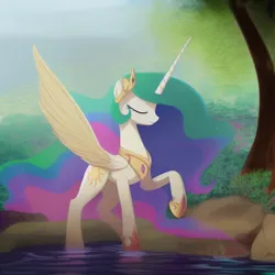 Size: 1024x1024 | Tagged: safe, derpibooru import, editor:siber, machine learning generated, stable diffusion, princess celestia, alicorn, pony, crown, ethereal mane, ethereal tail, eyes closed, female, hoof shoes, horn, image, jewelry, long horn, long mane, long tail, mare, peytral, png, pond, princess shoes, raised hoof, raised leg, regalia, rock, slim, solo, spread wings, tail, tree, water, wings