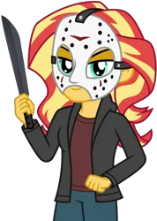 Size: 3245x4562 | Tagged: safe, artist:emeraldblast63, derpibooru import, sunset shimmer, human, equestria girls, female, friday the 13th, image, jason voorhees, knife, png, simple background, solo, transparent background, vector