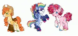 Size: 3159x1459 | Tagged: safe, artist:memebigboi5, derpibooru import, applejack, pinkie pie, rainbow dash, earth pony, pegasus, pony, chest fluff, chin fluff, coat markings, colored wings, ear fluff, feathered fetlocks, female, hooves, image, jpeg, mare, multicolored hooves, multicolored wings, rainbow wings, rearing, tail, tail feathers, trio, unshorn fetlocks, wings