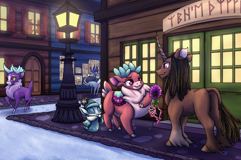 Size: 2400x1600 | Tagged: safe, artist:redahfuhrerking, derpibooru import, pomfy, velvet reindeer, classical unicorn, deer, pony, reindeer, unicorn, them's fightin' herds, cloven hooves, community related, curved horn, flower, horn, image, lamppost, leonine tail, magic, png, unshorn fetlocks