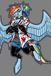 Size: 540x800 | Tagged: semi-grimdark, artist:mechanakal, derpibooru import, rainbow dash, anthro, semi-anthro, fanfic:rainbow factory, alternate hairstyle, arm hooves, blood, blood splatter, clothes, crossed arms, daisy dukes, evil grin, fanfic art, floating, gloves, goggles, gray background, grin, image, lab coat, leggings, lightly watermarked, looking sideways, outline, png, ponytail, rainbow factory dash, sharp teeth, shirt, shorts, simple background, smiling, teeth, unshorn fetlocks, watermark, white outline