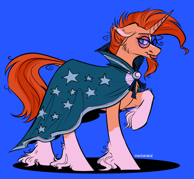 Size: 1220x1130 | Tagged: safe, artist:mechanakal, derpibooru import, sunburst, pony, unicorn, :p, blue background, brooch, cape, chest fluff, cloak, clothes, coat markings, glasses, image, jewelry, male, messy mane, needs more saturation, nervous, png, raised hoof, saturated, shadow, simple background, socks (coat marking), solo, stallion, sunburst's cloak, sunburst's glasses, tongue out, unshorn fetlocks