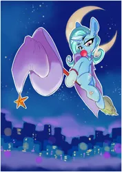 Size: 2480x3508 | Tagged: safe, artist:i love hurt, derpibooru import, trixie, pony, unicorn, bandage, broom, bubblegum, cape, city, clothes, crescent moon, female, flying, flying broomstick, food, g4, gum, hat, image, mare, moon, night, png, solo, stars, trixie's cape, trixie's hat, witch