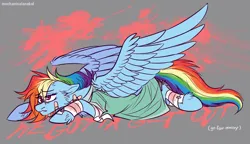 Size: 2350x1350 | Tagged: semi-grimdark, artist:mechanakal, derpibooru import, rainbow dash, pegasus, pony, bandage, bandaged leg, bandaid, blood, blood splatter, blood stains, female, floppy ears, fluffy, frown, gray background, hospital gown, image, looking up, lying down, lyrics, mare, messy mane, png, prone, simple background, solo, song reference, spread wings, text, unshorn fetlocks, wings