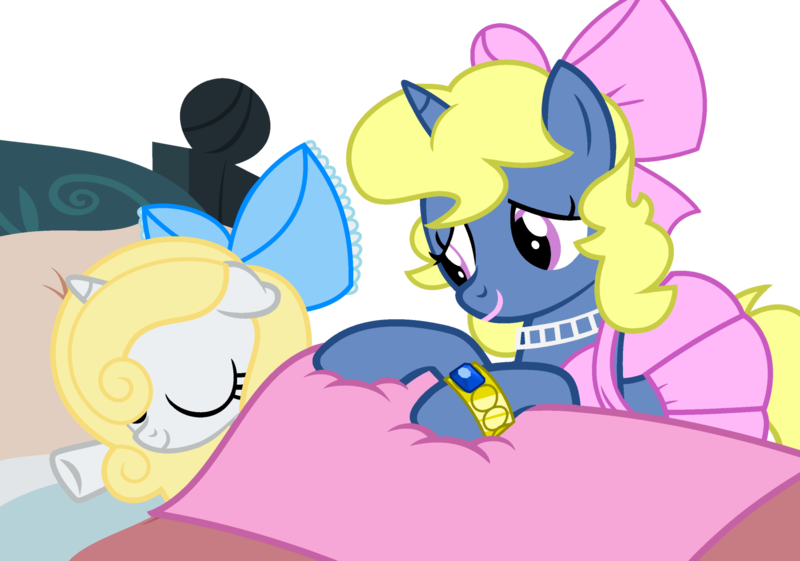 Size: 1920x1346 | Tagged: safe, artist:grapefruit-face, derpibooru import, oc, oc:azure/sapphire, oc:petticoat, unicorn, commission, crossdressing, drag princess, female, femboy, image, male, mother and child, mother and daughter, png, sleeping, tucking in, ych result