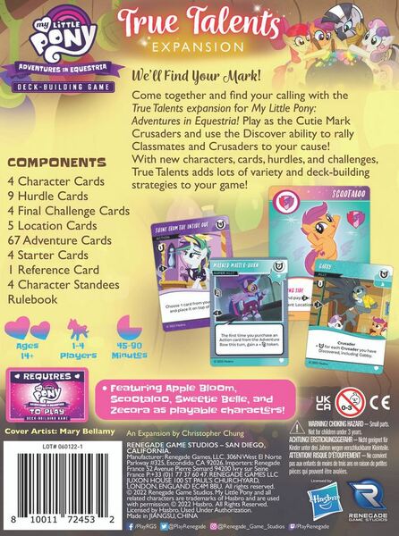 Size: 664x894 | Tagged: safe, artist:marybellamy, derpibooru import, official, apple bloom, gabby, masked matter-horn, rarity, scootaloo, sweetie belle, zecora, alicorn, earth pony, gryphon, pegasus, unicorn, zebra, bar code, board game, card game, cutie mark crusaders, game expansion, image, jpeg, logo, merchandise, power ponies