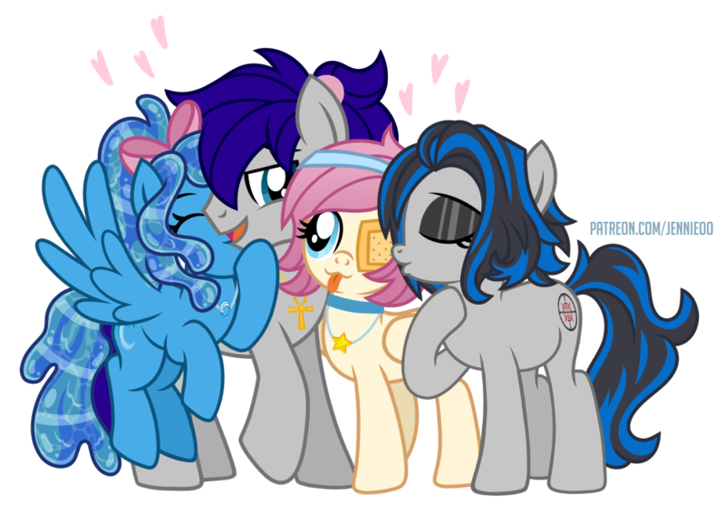 Size: 1000x709 | Tagged: safe, artist:jennieoo, derpibooru import, oc, oc:gentle star, oc:maverick, oc:ocean soul, oc:shadow dweller, earth pony, pegasus, pony, bow, eyepatch, friends, group, hair bow, happy, hug, image, kiss on the cheek, kissing, png, ponytail, show accurate, simple background, smiling, snuggling, tongue out, transparent background, vector