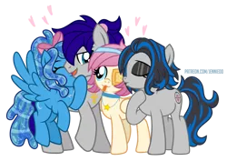 Size: 1000x709 | Tagged: safe, artist:jennieoo, derpibooru import, oc, oc:gentle star, oc:maverick, oc:ocean soul, oc:shadow dweller, earth pony, pegasus, pony, bow, eyepatch, friends, group, hair bow, happy, hug, image, kiss on the cheek, kissing, png, ponytail, show accurate, simple background, smiling, snuggling, tongue out, transparent background, vector