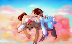 Size: 3600x2200 | Tagged: safe, artist:falafeljake, derpibooru import, oc, oc:cumulus, oc:double down, oc:feather duster, unofficial characters only, hippogriff, pegasus, cuddling, dogpile, image, jpeg, mohawk, sleeping, snoring