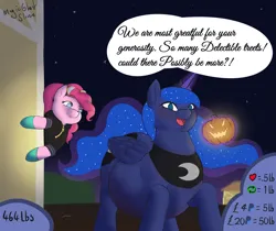 Size: 7405x6213 | Tagged: safe, artist:magicghostslime, derpibooru import, pinkie pie, princess luna, alicorn, earth pony, pony, series:luna's halloween treat feast, absurd resolution, belly, big belly, blushing, chubby cheeks, dialogue, double chin, duo, fat, female, females only, halloween, holiday, image, incentive drive, jack-o-lantern, looking at you, night, nightmare night, note expansion, png, princess moonpig, pumpkin, speech bubble, stars, talking to viewer, weight gain, weight gain sequence