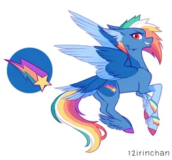 Size: 1024x954 | Tagged: safe, artist:12irinchan, derpibooru import, rainbow dash, pegasus, pony, alternate design, coat markings, colored pupils, cutie mark, feathered fetlocks, female, hooves, image, jpeg, mare, multicolored hooves, redesign, short hair, signature, simple background, solo, tail, tail feathers, twitterina design, white background, wristband