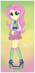 Size: 1480x3088 | Tagged: safe, artist:machakar52, derpibooru import, fluttershy, human, equestria girls, bow, clothes, crossover, female, hair bow, hands together, high heels, image, looking at you, necktie, png, school uniform, shoes, smiling, socks, solo, winx club