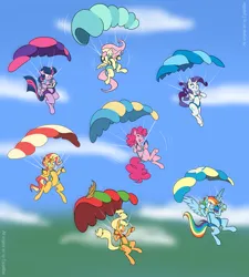 Size: 4500x5000 | Tagged: safe, artist:egophiliac, derpibooru import, applejack, fluttershy, pinkie pie, rainbow dash, rarity, sunset shimmer, twilight sparkle, twilight sparkle (alicorn), alicorn, alternate mane seven, book, collage, commission, derpibooru exclusive, image, jpeg, mane six, nervous, parachute, reading, shaking, skydiving