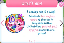 Size: 1541x1039 | Tagged: safe, derpibooru import, official, pinkie pie, earth pony, pony, anniversary, balloon, cake, food, gameloft, image, jpeg, pink coat, pink fur, pink mane, pink tail, present, tail