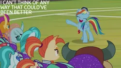 Size: 1280x720 | Tagged: safe, derpibooru import, edit, edited screencap, editor:quoterific, screencap, lighthoof, ocellus, rainbow dash, shimmy shake, smolder, yona, pony, 2 4 6 greaaat, baseball cap, cap, cheerleader, cheerleader outfit, clothes, eyes closed, female, frown, hat, image, mare, open mouth, open smile, png, shimmy shake is not amused, skirt, smiling, smolder is not amused, technically an upskirt shot, unamused, upskirt, whistle, whistle necklace