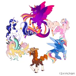 Size: 1024x1024 | Tagged: safe, artist:12irinchan, derpibooru import, applejack, fluttershy, pinkie pie, rainbow dash, rarity, twilight sparkle, alicorn, earth pony, flutter pony, pegasus, pony, unicorn, alternate design, applejack's hat, braid, butt, candy, chest fluff, cloven hooves, coat markings, colored ears, colored pupils, colored wings, cowboy hat, curved horn, facial markings, feathered fetlocks, female, food, freckles, gem, glasses, gradient horn, gradient mane, gradient wings, hat, hooves, horn, image, jewelry, jpeg, leonine tail, mane six, mare, multicolored hooves, necklace, plot, race swap, redesign, short hair, signature, simple background, slim, socks (coat marking), star (coat marking), tail, tail feathers, twilight's professional glasses, twitterina design, unshorn fetlocks, wall of tags, white background, wings, wristband