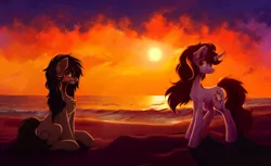 Size: 1678x1024 | Tagged: safe, derpibooru import, editor:paracompact, machine learning assisted, machine learning generated, purplesmart.ai, stable diffusion, oc, unofficial characters only, earth pony, pony, unicorn, beach, blushing, female, image, male, mare, png, sitting, slim, stallion, sunset