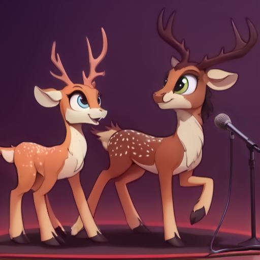 Size: 512x512 | Tagged: safe, derpibooru import, editor:paracompact, machine learning assisted, oc, unofficial characters only, deer, image, looking right, microphone, microphone stand, one leg raised, open mouth, png, standing