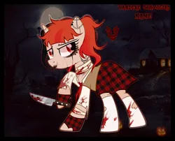 Size: 4401x3563 | Tagged: semi-grimdark, artist:idkhesoff, derpibooru import, oc, oc:sweet craze, unofficial characters only, pony, unicorn, bandage, beauty mark, blood, clothes, crying, ear piercing, earring, eyeshadow, female, fingerless gloves, gloves, hoof hold, image, jewelry, kitchen knife, knife, lipstick, makeup, mare, multicolored hair, necktie, nose piercing, nose ring, piercing, png, raised hoof, ripped stockings, running makeup, school uniform, schoolgirl, shirt, skirt, socks, solo, stockings, tattoo, tears of blood, thigh highs, torn clothes, torn socks, yandere