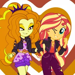 Size: 1050x1050 | Tagged: safe, artist:3d4d, derpibooru import, adagio dazzle, sunset shimmer, equestria girls, equestria girls series, rainbow rocks, clothes, female, image, lesbian, pants, png, shipping, sunsagio