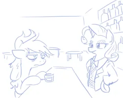 Size: 624x497 | Tagged: safe, artist:jargon scott, derpibooru import, applejack, rarity, earth pony, pony, unicorn, alcohol, bags under eyes, bar, bartender, drink, duo, female, glass, hoof on hip, image, mare, messy mane, monochrome, movie reference, png, simple background, sketch, the shining, white background