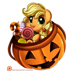 Size: 3109x3050 | Tagged: safe, artist:pridark, derpibooru import, applejack, earth pony, pony, bucket, bust, candy, commission, cute, female, filly, filly applejack, food, freckles, halloween, holiday, image, jack-o-lantern, jackabetes, mare, patreon, patreon logo, png, portrait, pumpkin, solo, trick or treat, younger
