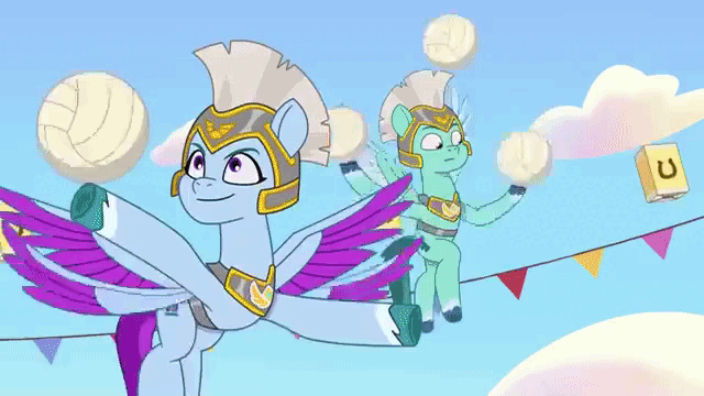 Size: 640x360 | Tagged: safe, derpibooru import, screencap, pipp petals, zipp storm, pegasus, pony, my little pony: tell your tale, spoiler:g5, spoiler:my little pony: tell your tale, spoiler:tyts01e18, animated, animation error, female, flying, g5, gif, guardsmare, image, juggling, lantern, male, mare, on your cutie marks, pegasus royal guard, rocky (g5), royal guard, sports, stallion, streamers, thunder (g5), tied up, volleyball, zoom zephyrwing