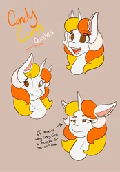 Size: 1423x2048 | Tagged: safe, artist:mscolorsplash, derpibooru import, oc, oc:candy corn, pony, unicorn, beige background, bust, female, floppy ears, frown, image, jpeg, mare, no pupils, open mouth, open smile, simple background, smiling, solo, wavy mouth