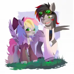 Size: 2048x2048 | Tagged: safe, artist:irusumau, derpibooru import, oc, oc:blazey sketch, oc:damaged lust, unofficial characters only, pegasus, blushing, bow, clothes, duo, goggles, grey fur, hair bow, height difference, image, jpeg, lab coat, long hair, long tail, multicolored hair, one eye closed, pegasus oc, short, short hair, small wings, sweater, tail, teasing, wings, wink