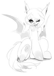 Size: 1544x2160 | Tagged: safe, artist:pfufu, derpibooru import, oc, unofficial characters only, bat pony, pony, bat pony oc, bat wings, black and white, ear fluff, grayscale, hooves, image, jpeg, looking at you, monochrome, raised hoof, simple background, sitting, sketch, solo, spread wings, white background, wings