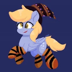 Size: 928x928 | Tagged: safe, artist:skylinepony_, derpibooru import, derpy hooves, pegasus, pony, blue background, clothes, cute, derpabetes, female, halloween, hat, holiday, image, jpeg, mare, open mouth, open smile, simple background, smiling, socks, solo, striped socks, witch hat