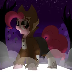 Size: 2500x2500 | Tagged: safe, artist:legendoflink, derpibooru import, pinkie pie, earth pony, pony, undead, vampire, clothes, costume, count chocula, female, fog, image, looking at you, mare, night, pinktober, png, red eyes, simple background, solo, wingding eyes
