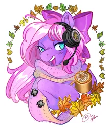 Size: 3125x3563 | Tagged: safe, artist:opalacorn, derpibooru import, oc, unofficial characters only, earth pony, pony, bow, clothes, coffee, drink, ear fluff, female, food, hair bow, headset, image, jpeg, latte, leaf, mare, no pupils, open mouth, open smile, pumpkin spice, scarf, simple background, smiling, solo, white background