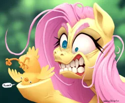 Size: 3508x2885 | Tagged: safe, artist:docwario, artist:katputze, derpibooru import, fluttershy, bird, pegasus, pony, angry, anus, bust, collaboration, female, fluttober, gritted teeth, hoof hold, image, mare, nudity, out of character, png, pun, solo, speech bubble, teeth, visual pun