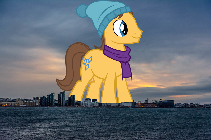 Size: 2000x1333 | Tagged: safe, artist:jaredking779, artist:sofunnyguy, derpibooru import, caramel, earth pony, pony, background pony, clothes, giant pony, giant/macro earth pony, hat, highrise ponies, iceland, image, irl, jpeg, macro, male, mega giant, photo, ponies in real life, scarf, smiling, solo, stallion