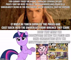 Size: 594x500 | Tagged: safe, artist:robertsonskywa1, derpibooru import, idw, bookworm (character), twilight sparkle, pony, unicorn, spoiler:comic16, bookworm, coincidence, elrond, image, jpeg, lord of the rings, meme, multiverse, photo, reveal, text, universe