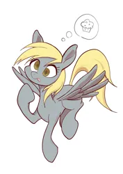 Size: 1812x2563 | Tagged: safe, artist:noupu, derpibooru import, derpy hooves, pegasus, pony, cute, derpabetes, female, flying, food, image, jpeg, mare, muffin, simple background, solo, that pony sure does love muffins, thinking, thought bubble, tongue out, white background