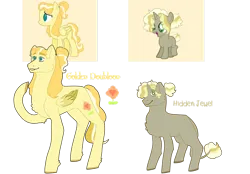 Size: 1280x889 | Tagged: safe, artist:frogstool, derpibooru import, oc, oc:golden doubloon, oc:hidden jewel, unofficial characters only, pegasus, pony, unicorn, brother and sister, colt, duo, female, foal, image, magical lesbian spawn, male, mare, offspring, parent:daring do, parent:fluttershy, parents:daringshy, png, siblings, simple background, transparent background