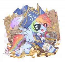 Size: 2048x1972 | Tagged: safe, artist:xieyanbbb, derpibooru import, rainbow dash, pegasus, pony, clothes, coin, costume, eyepatch, female, gold, hat, image, jacket, jpeg, map, mare, obtrusive watermark, open mouth, open smile, pirate, pirate hat, ship wheel, simple background, smiling, solo, sparkles, watermark, white background