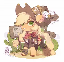 Size: 2048x1972 | Tagged: safe, artist:xieyanbbb, derpibooru import, applejack, earth pony, pony, bandana, boots, cactus, clothes, cowboy boots, cowboy hat, female, grin, hat, image, jacket, jpeg, mare, obtrusive watermark, poster, road sign, sheriff's badge, shoes, simple background, smiling, solo, straw in mouth, watermark, white background