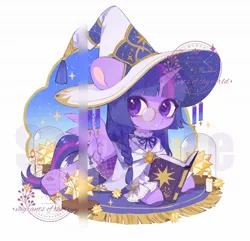 Size: 2048x1972 | Tagged: safe, artist:xieyanbbb, derpibooru import, twilight sparkle, twilight sparkle (alicorn), alicorn, pony, alternate hairstyle, book, candle, clothes, female, hat, image, jpeg, looking back, lying down, mare, monocle, open mouth, prone, reading, robe, rug, simple background, solo, sploot, white background, wizard hat