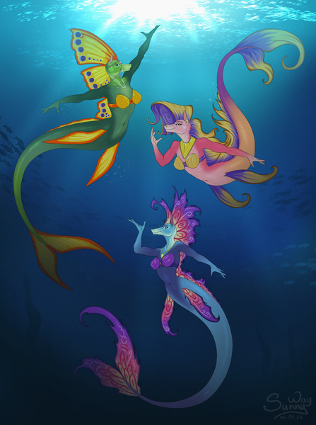 Size: 1043x1400 | Tagged: safe, artist:sunny way, derpibooru import, anthro, fish, horse, mermaid, merpony, pony, art, artwork, comic, cute, deep, digital art, female, image, mare, ocean, pinup, png, smiling, trio, underwater, water