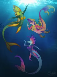 Size: 1043x1400 | Tagged: safe, artist:sunny way, derpibooru import, anthro, fish, horse, mermaid, merpony, pony, art, artwork, comic, cute, deep, digital art, female, image, mare, ocean, pinup, png, smiling, trio, underwater, water